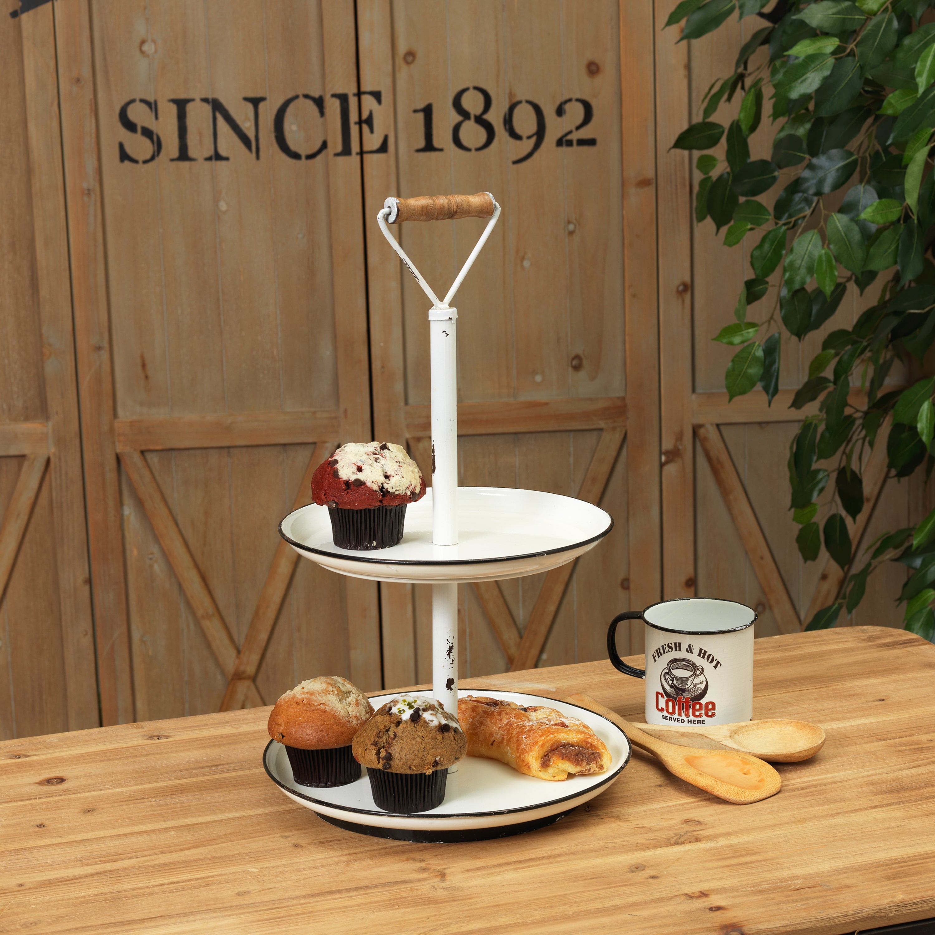 22.4 Inch Rustic Metal Two Tiered Serving Tray with Handle
